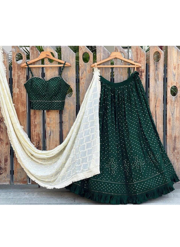 Green Designer Choli With Georgette Thread Embroidered Lehenga